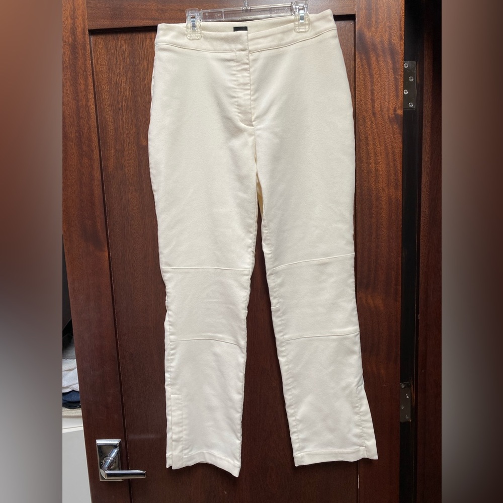 European designer cream flannel moto pants.